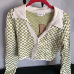 Vestique Olive and Cream Checkered Cardigan